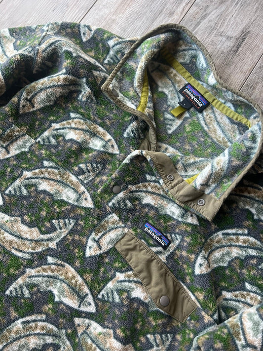 Patagonia Synchilla Snap-T Leaping Trout Fish Fleece Pullover Sweater - L