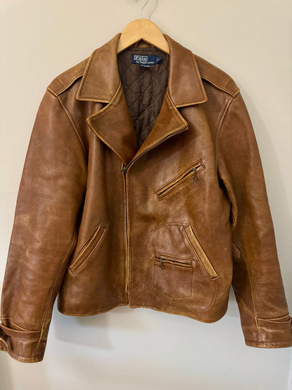 Rare Vintage Polo Ralph Lauren Leather Bomber Biker Jacket Men’s Large Brown