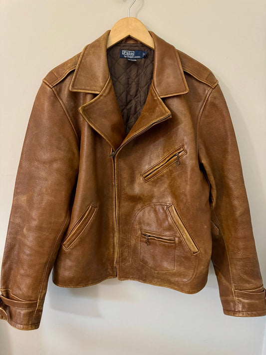 Rare Vintage Polo Ralph Lauren Leather Bomber Biker Jacket Men’s Large Brown