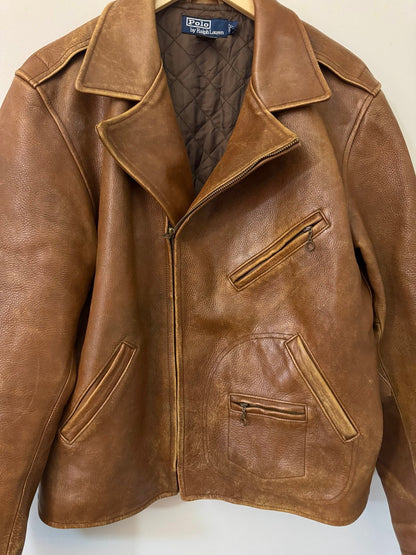 Rare Vintage Polo Ralph Lauren Leather Bomber Biker Jacket Men’s Large Brown