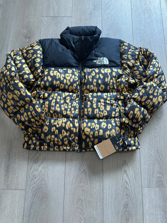 The north face 1996 nuptse arrowwood yellow leopard print puffer jacket sz L