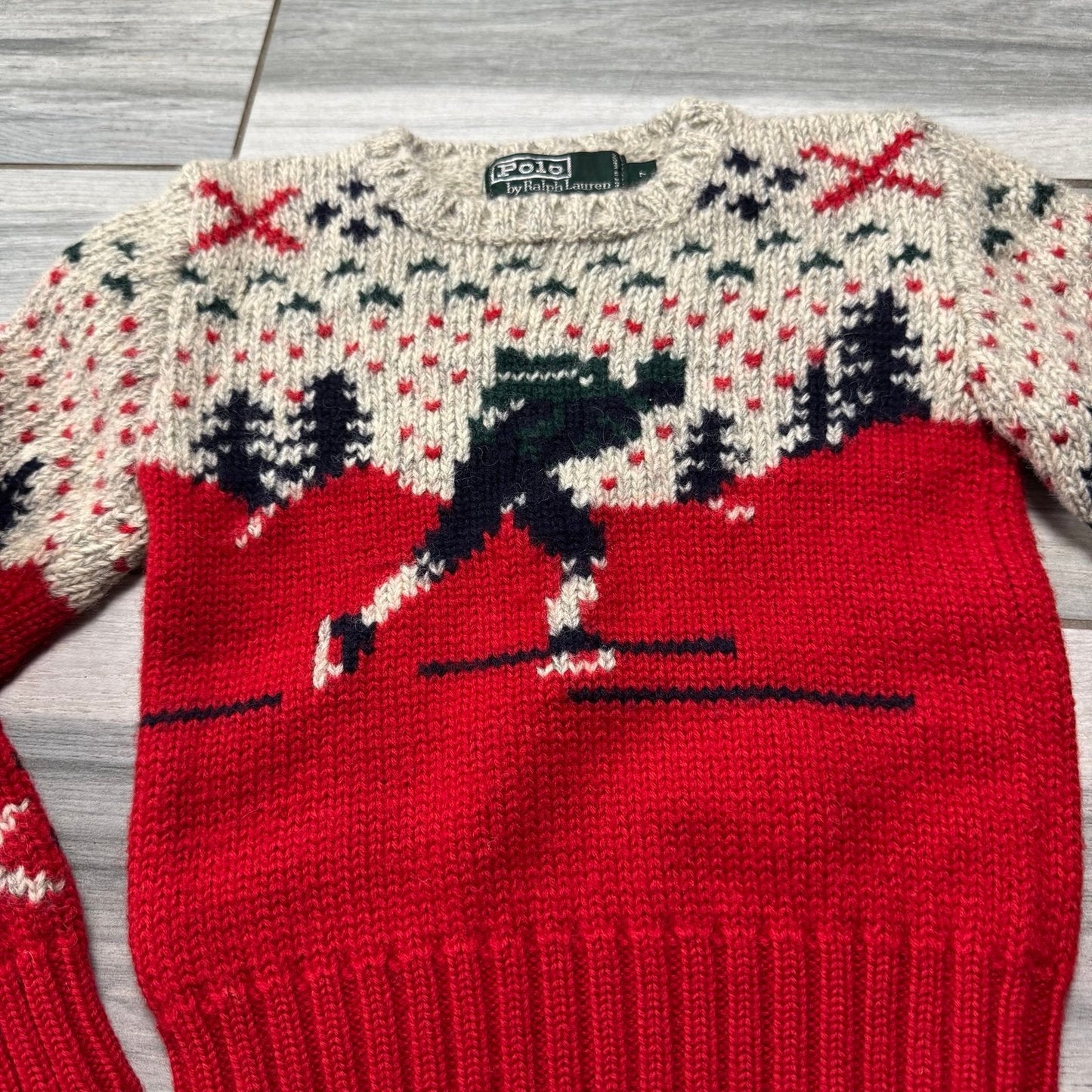 Boys Rare Vintage 90’s Polo By Ralph Lauren 100% Wool Ski Print Sweater Size 7