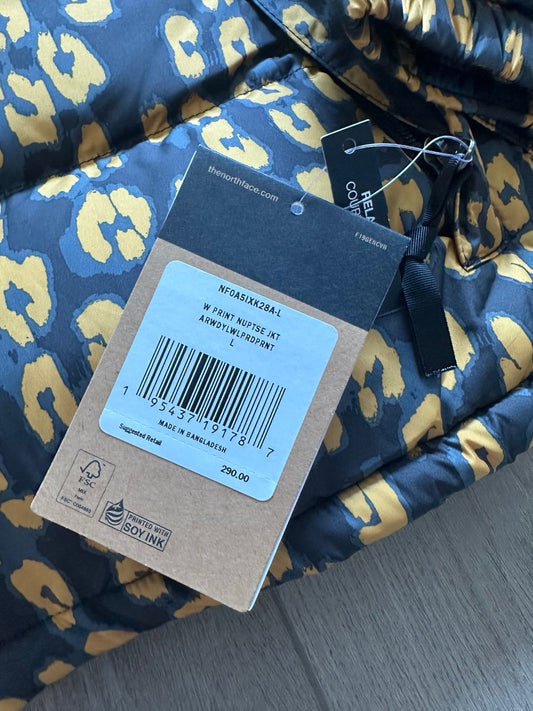 The north face 1996 nuptse arrowwood yellow leopard print puffer jacket sz L