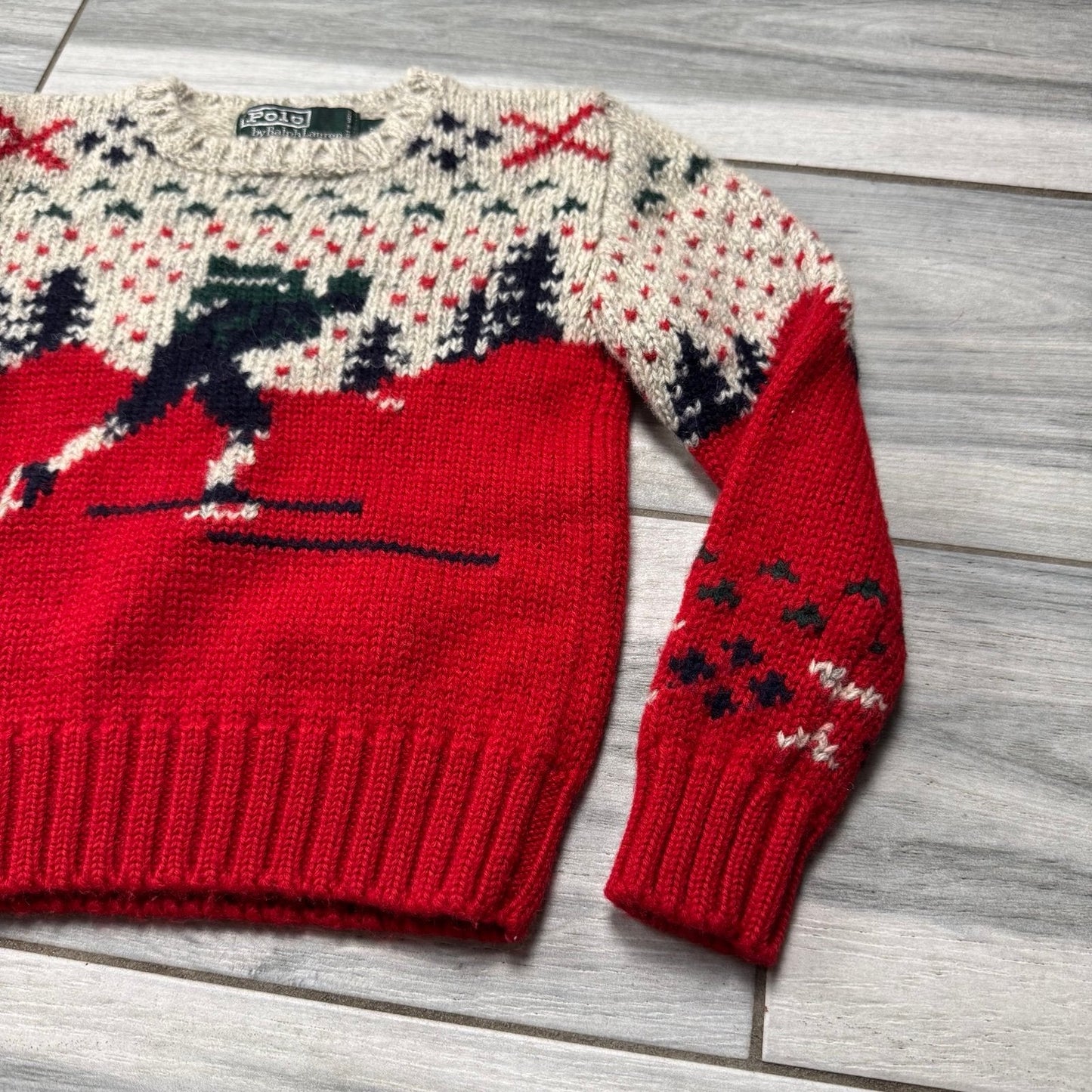 Boys Rare Vintage 90’s Polo By Ralph Lauren 100% Wool Ski Print Sweater Size 7
