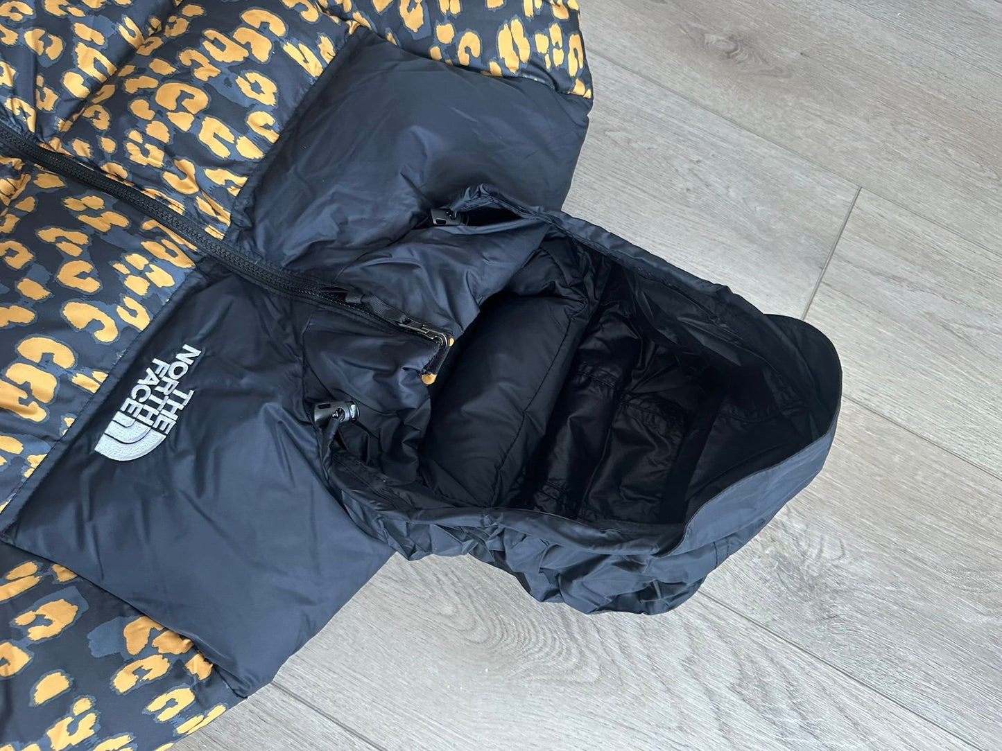 The north face 1996 nuptse arrowwood yellow leopard print puffer jacket sz L