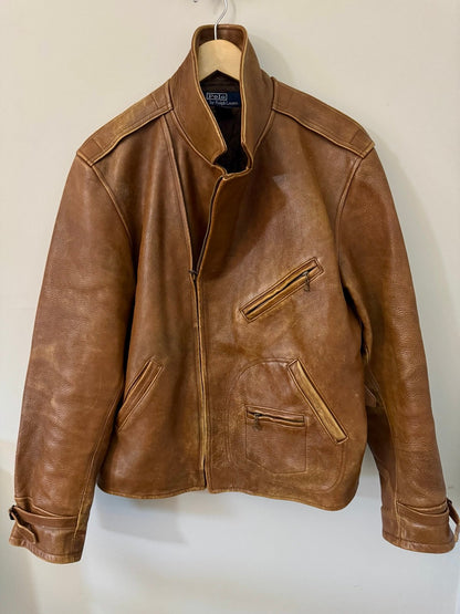 Rare Vintage Polo Ralph Lauren Leather Bomber Biker Jacket Men’s Large Brown
