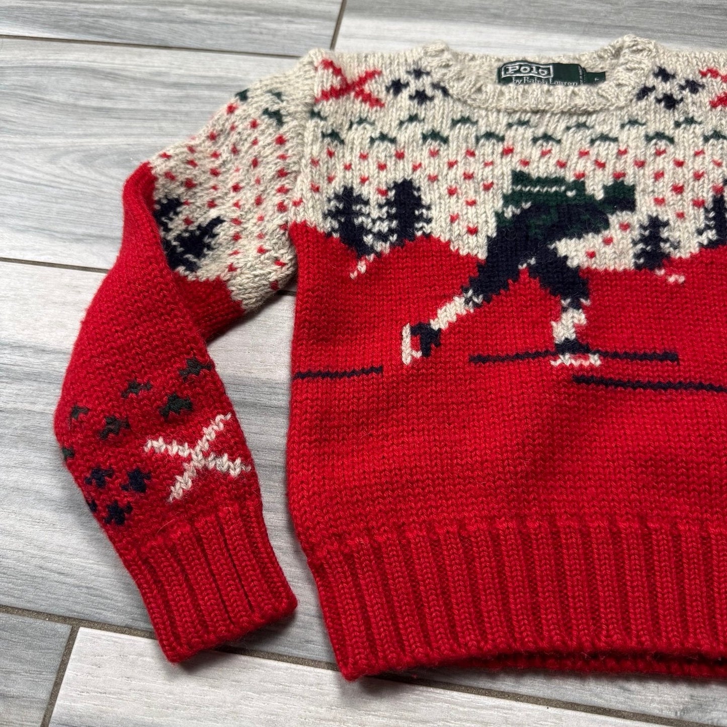 Boys Rare Vintage 90’s Polo By Ralph Lauren 100% Wool Ski Print Sweater Size 7